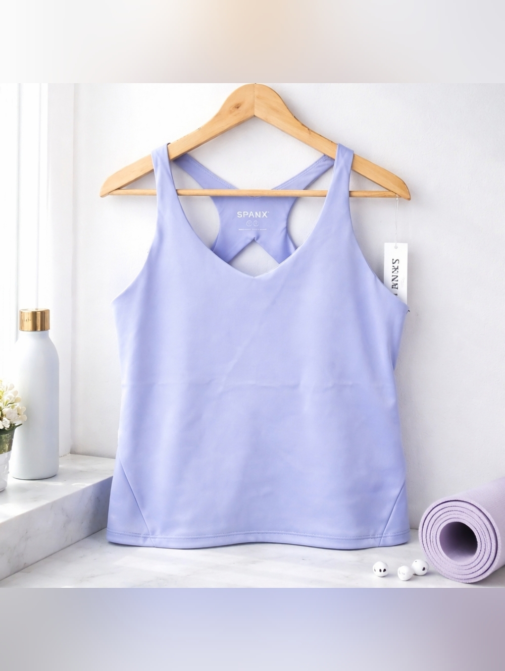 SPANX Active V-Neck Shelf Tank Hydrangea 1X NWT Built-In Bra Athleisure